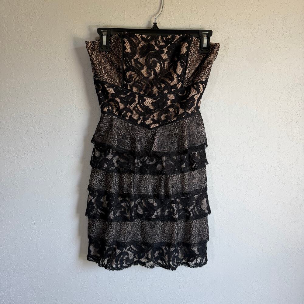 BCBGMaxAzria Black Nude Strapless Lace Tier Ruffle Mini Dress Women 0 Whimsigoth